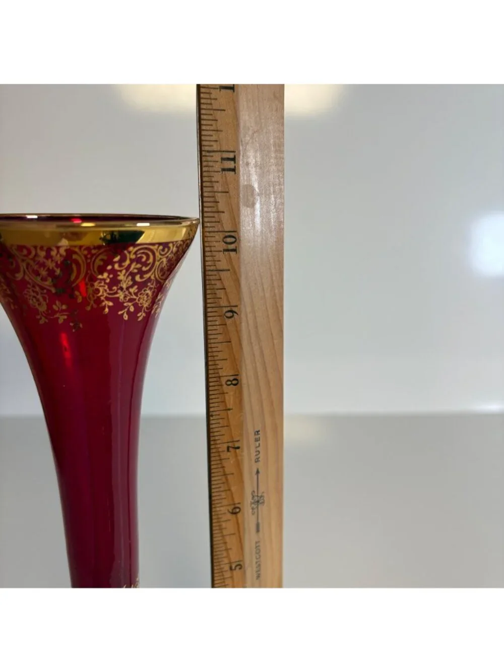 Ruby Red Glass Bud Vase Gold Filigree Design Trim Vintage 10 inch Elegant Ornate